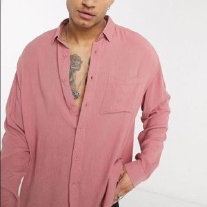 ASOS DESIGN 90s oversized fit shirt in pink crinkle viscose blush button up